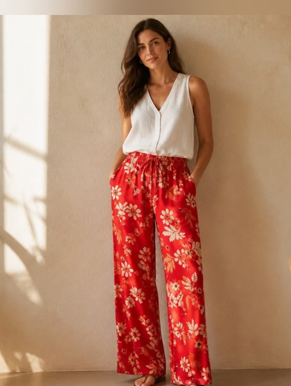 Red Floral Wide-Leg Summer Pants with Elastic Waist